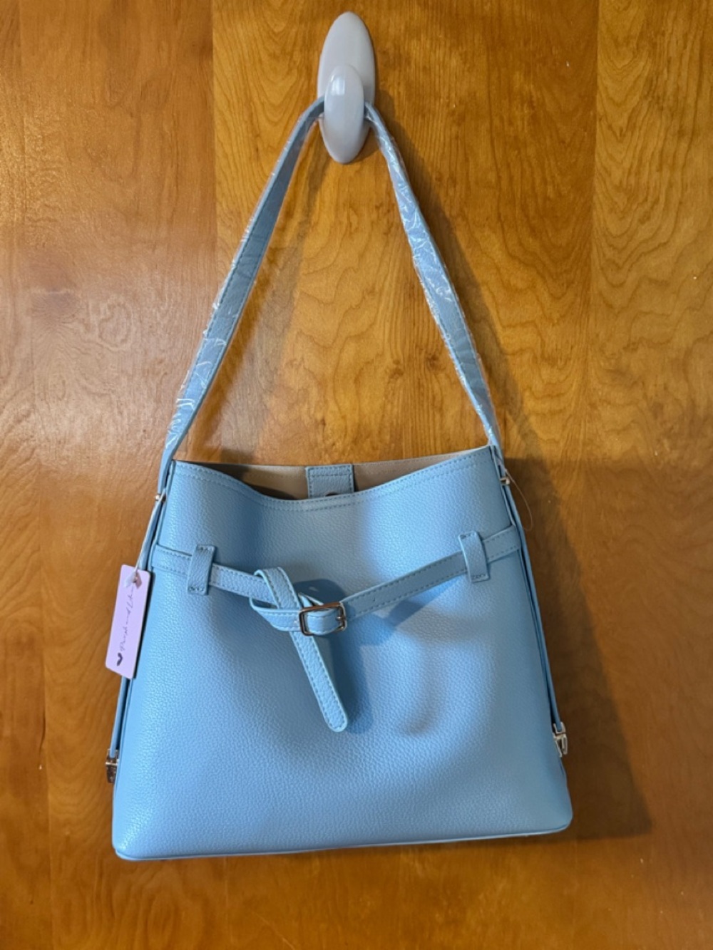 Ello Ice Blue Vegan Leather Bucket Shoulder Bag w/ Belt Detail & Pouch - Picture 14 of 17